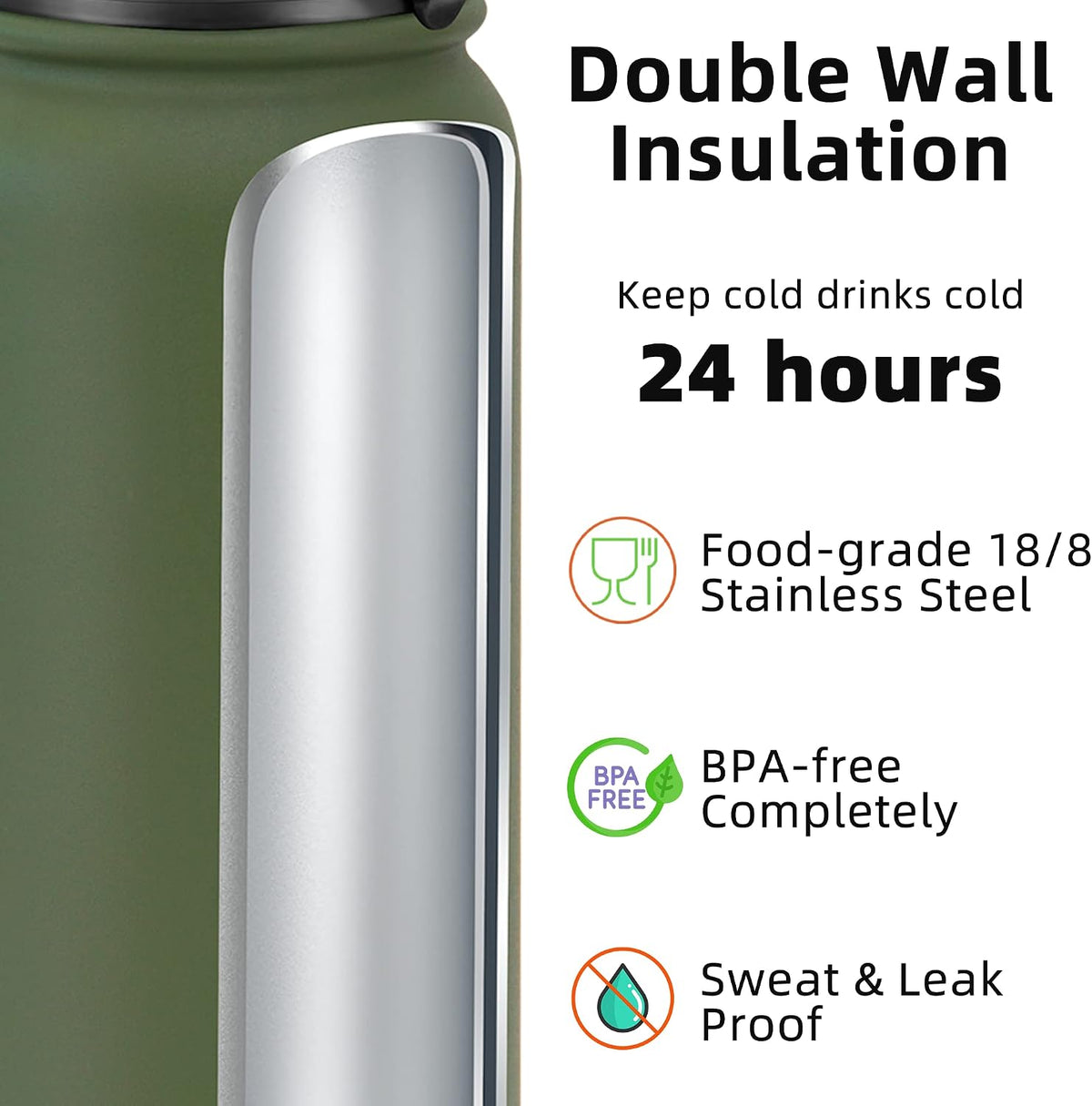 Fanhaw 20oz Insulated Water Bottle with Anti-dust Chug Lid, Olive Green