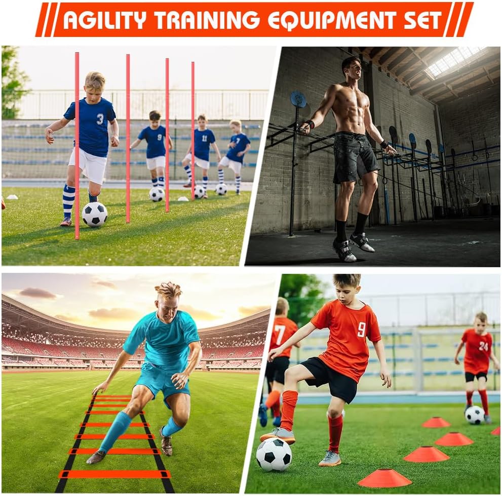 HOTOOLME Agility Training Poles Equipment Soccer Training Equipment Includes 6 Agility Poles,Agility Ladder, 10 Soccer Cones,Jump Rope for Speed Training, Soccer Training, Basketball Athletes & Kids