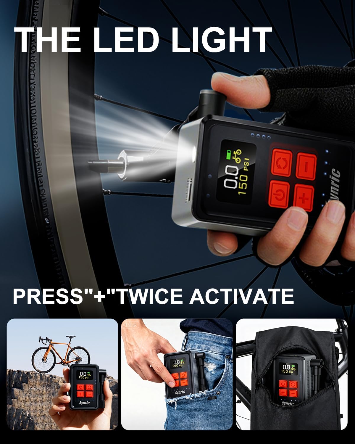 Mini Bike Tire Pump, 150PSI Fast Inflate Bike Pump with Gauge, Auto Stop, Portable Electric Air Pump with Presta & Schrader Valve, 360° Flexible Hose for Mountain Bike, Road Bike, E-Bike