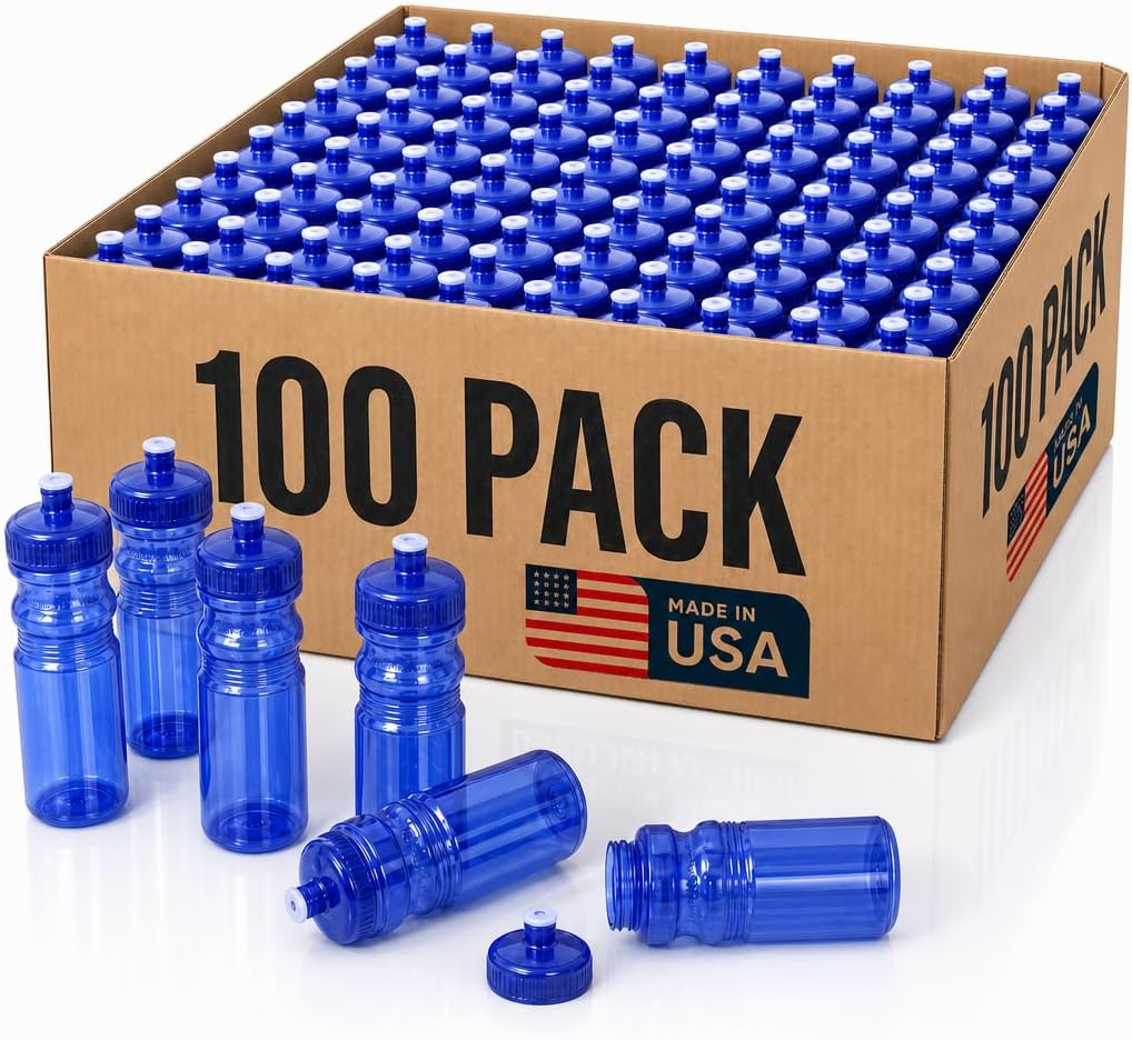 Rolling Sands Reusable Bulk Water Bottles 100 Pack - 24 Oz Sports Water Bottles, USA Made, BPA-Free, Wide Mouth for Easy Cleaning, Break Resistant - Translucent Navy Blue Bottle/Navy Blue Lid