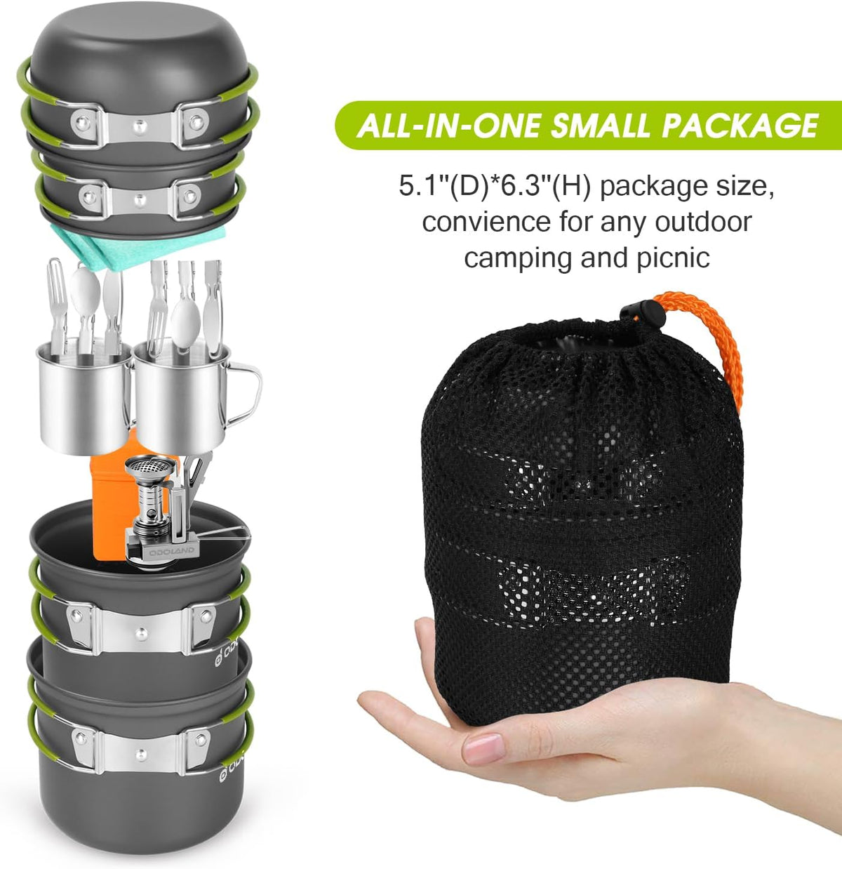 Odoland 16pcs Camping Cookware Mess Kit, Lightweight Pot Pan Mini Stove with 2 Cups, Fork Spoon Kits for Backpacking, Outdoor Camping Hiking and Picnic