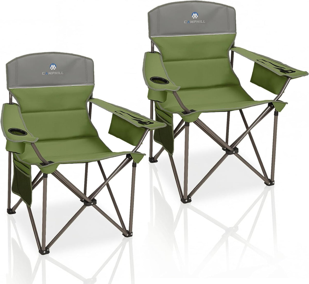 Oversized Camping Chairs 2 Pack - Heavy Duty 400LBS Padded Lawn Chair with Cooler Bag,Cup Holder,Side Pocket,Collapsible for Outdoor,Camp,Fishing & Garden,Olive Green