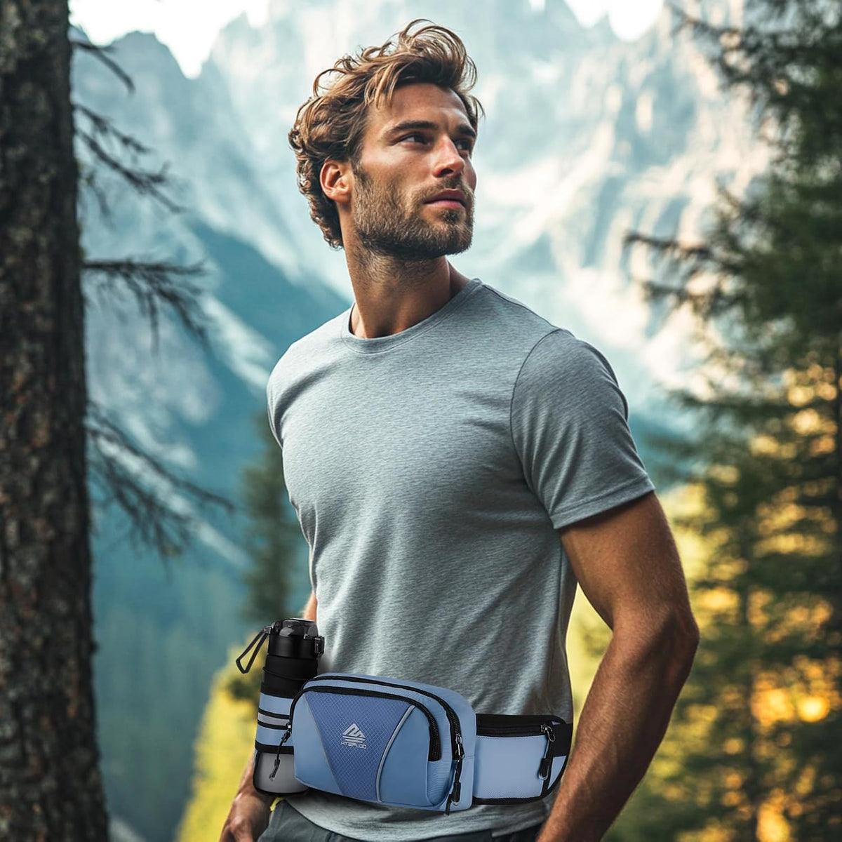 Fanny Pack for Men Women Waist Bag with Water Bottle Holder for Hiking, Travel,Dog Walking, Workout (Dark Blue)