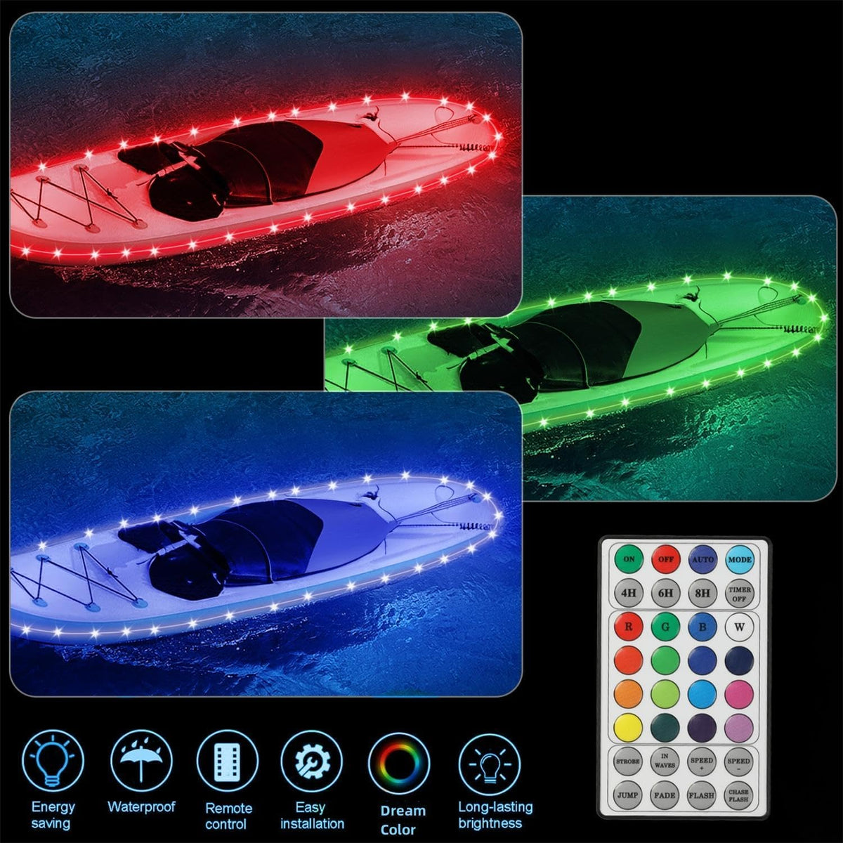 Kayak Paddle Board Lights Kit, IP68 Waterproof Dream Color SUP Glow Light with Remote, Battery Powered Kayak Lights for Night Kayaking SUP Canoes, Marine Pontoon Boats Light (26FT)