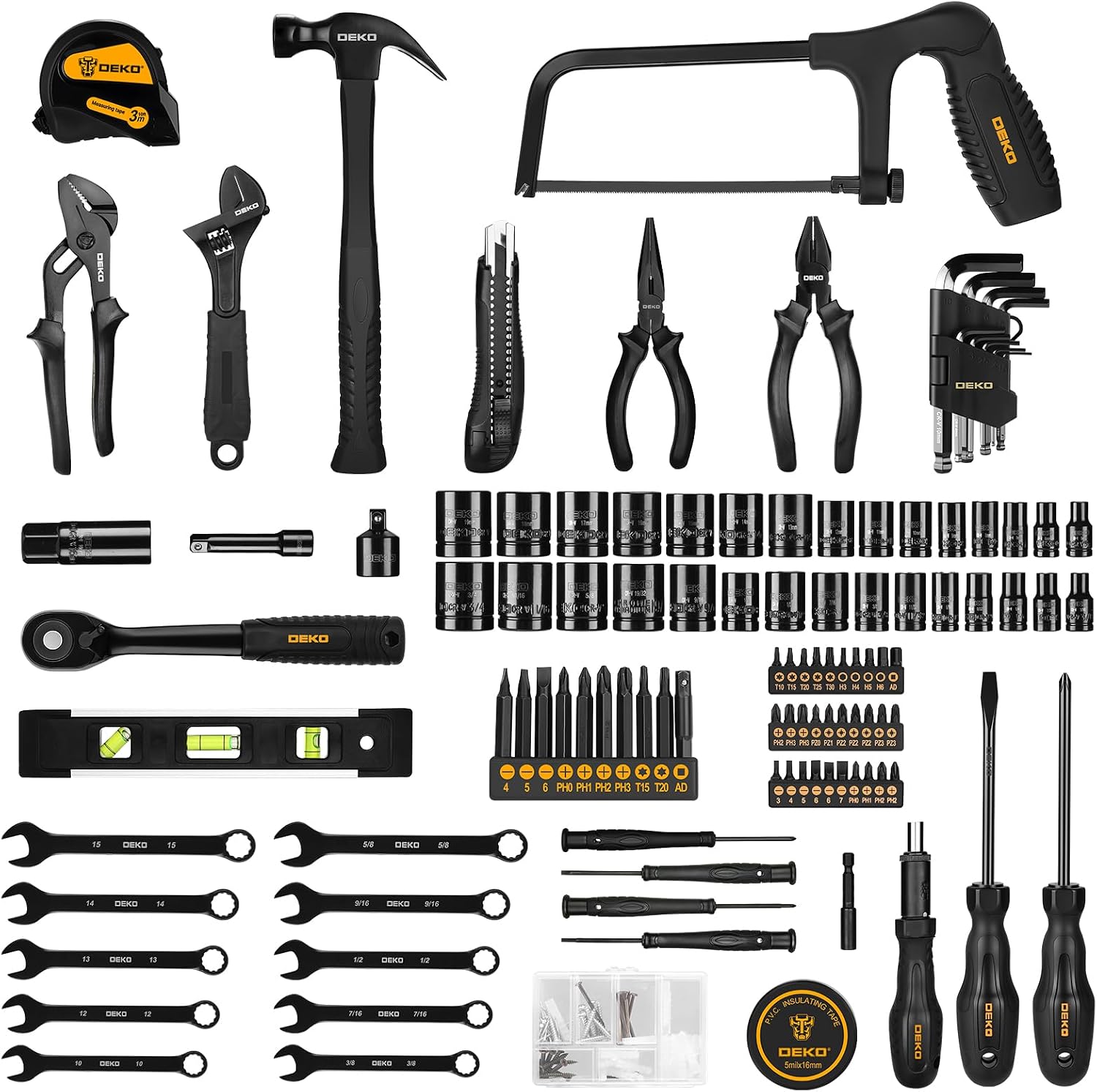 DEKOPRO 218-Piece General Household Hand Tool kit, Professional Auto Repair Tool Set for Homeowner, General Household Hand Tool Set with Plier, Screwdriver Set, Socket Set, with Portable Storage Case