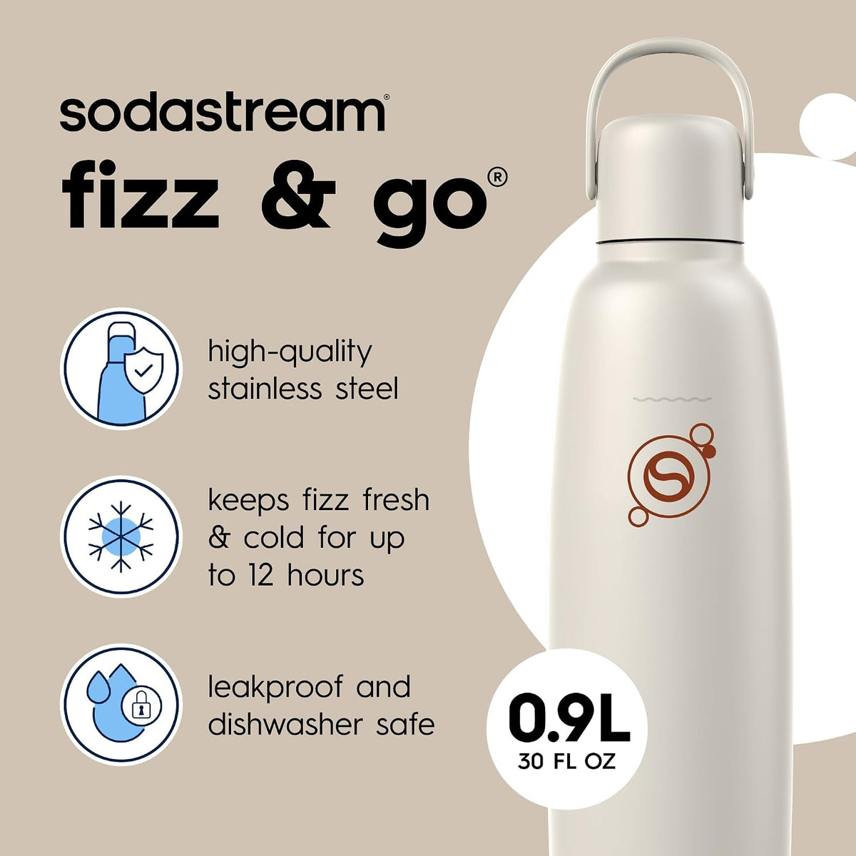 sodastream Fizz & Go Cool, Stainless Steel Carbonated Water Bottle 0.9L, Insulated Metal Bottle for Sparkling Water, Compatible with TERRA, ART, ENSO & More in Sand Beige