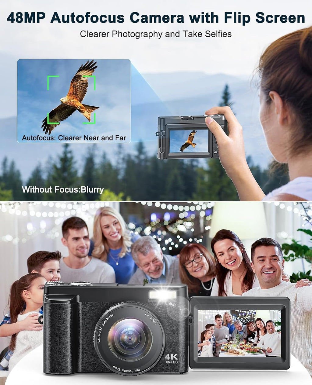 4K Digital Camera for Beginners & Teens, with Flip Screen, 32G Card(Black)
