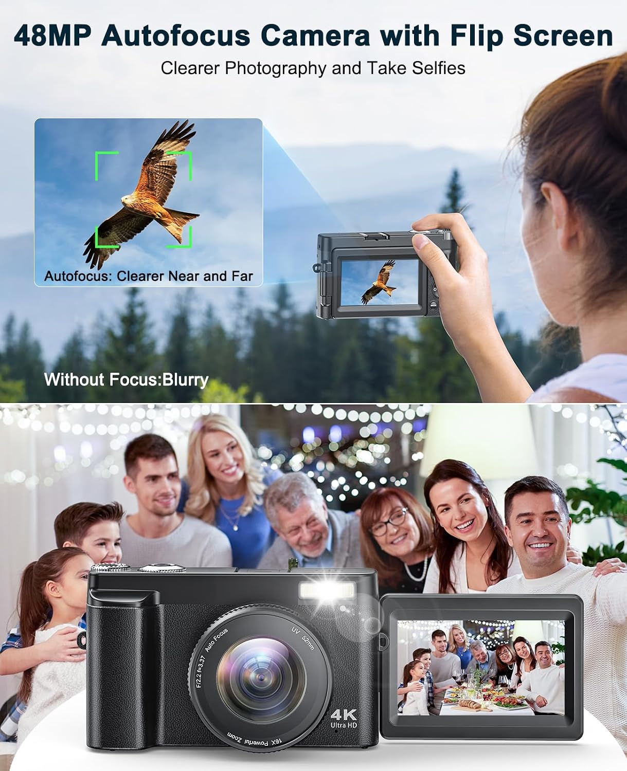 4K Digital Camera for Beginners & Teens, with Flip Screen, 32G Card(Black)