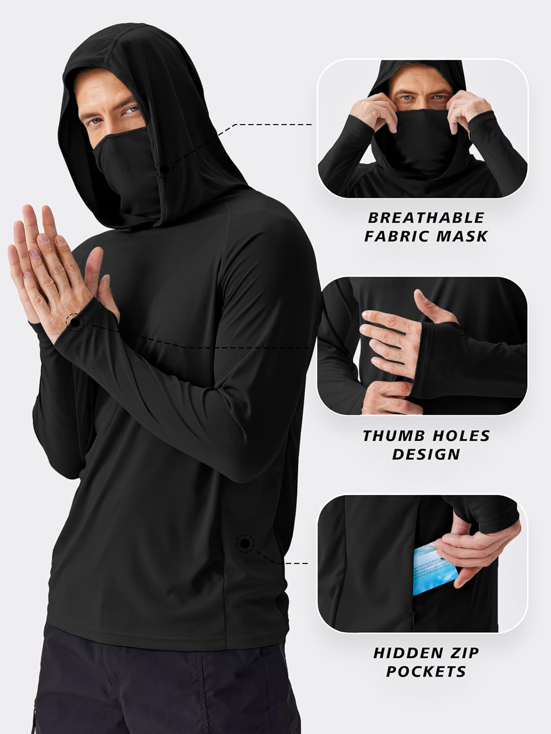 PINSPARK UPF 50+ Sun Hoodie Long Sleeve Fishing Shirts for Men with Mask