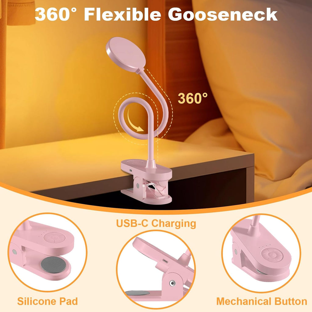 Rechargeable Clip on Light for Bed, Cute LED Reading Lamp for Girls Dorm Room, Portable Book Light with Clamp on Headboard Bedside Table, Flexible Lamp with 3 Color Temp & 10 Brightness (Pink/3.5'')