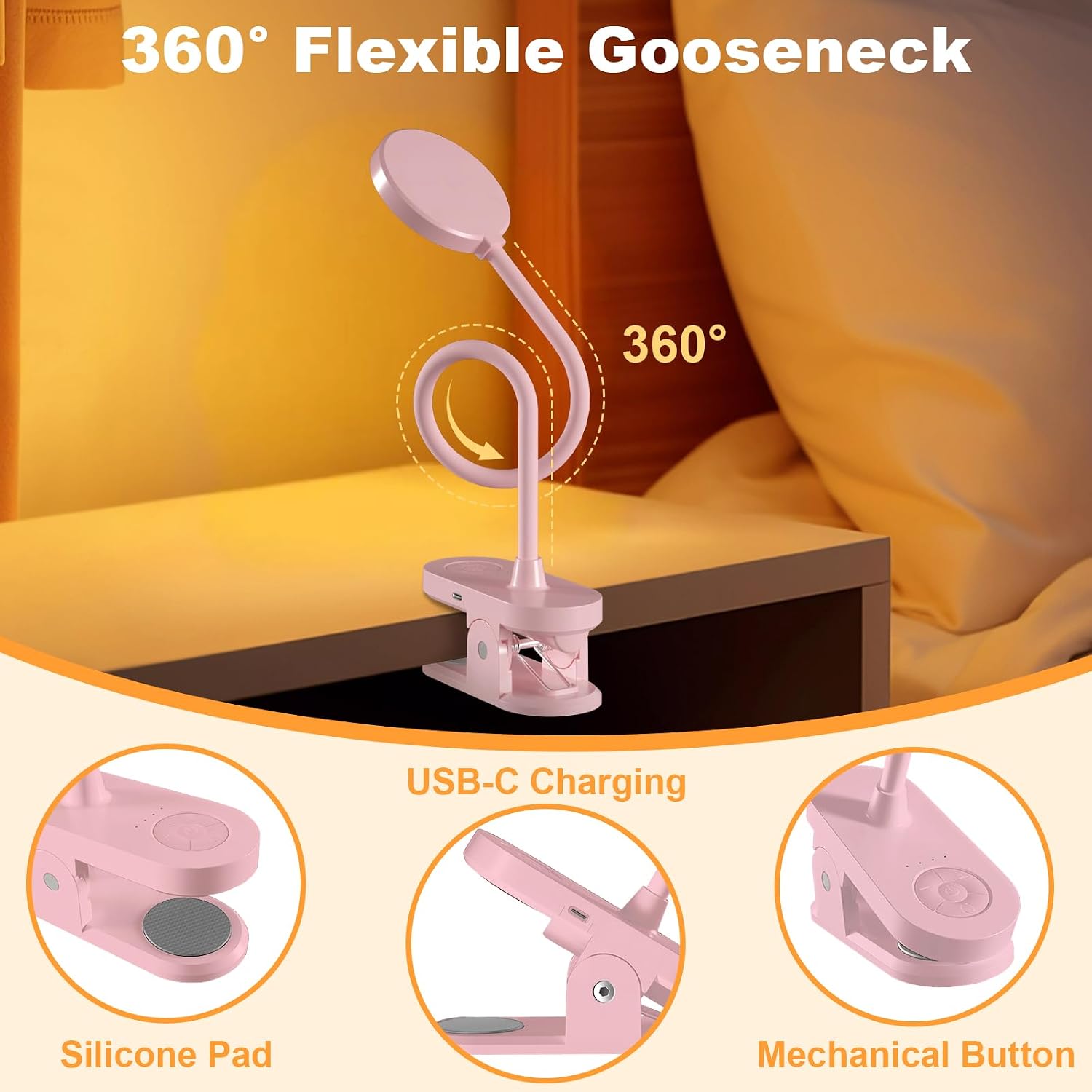 Rechargeable Clip on Light for Bed, Cute LED Reading Lamp for Girls Dorm Room, Portable Book Light with Clamp on Headboard Bedside Table, Flexible Lamp with 3 Color Temp & 10 Brightness (Pink/3.5'')