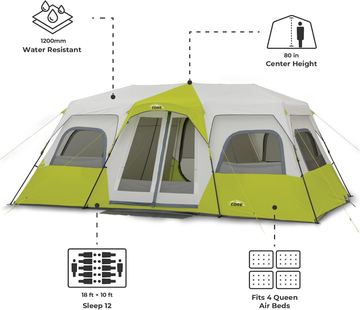 CORE Instant Cabin Tents | Family Cabin Multi Room Pop Up Tents Car Camping | Included Storage Pockets for Camping Accessories