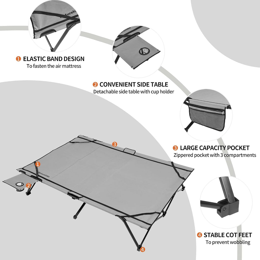 Naturehike Queen-Sized Airbed Cot Combo, Folding 2 Person Camping Cot with Air Mattress, Side Table and Wheeled Carry Bag, Camping Bed for Outdoor Camp Guests (Pump Not Included)