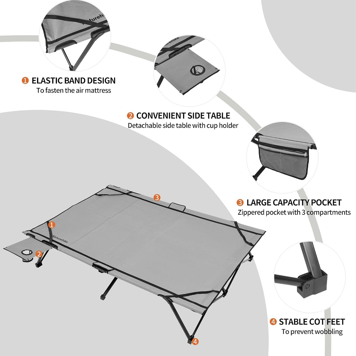 Naturehike Queen-Sized Airbed Cot Combo, Folding 2 Person Camping Cot with Air Mattress, Side Table and Wheeled Carry Bag, Camping Bed for Outdoor Camp Guests (Pump Not Included)