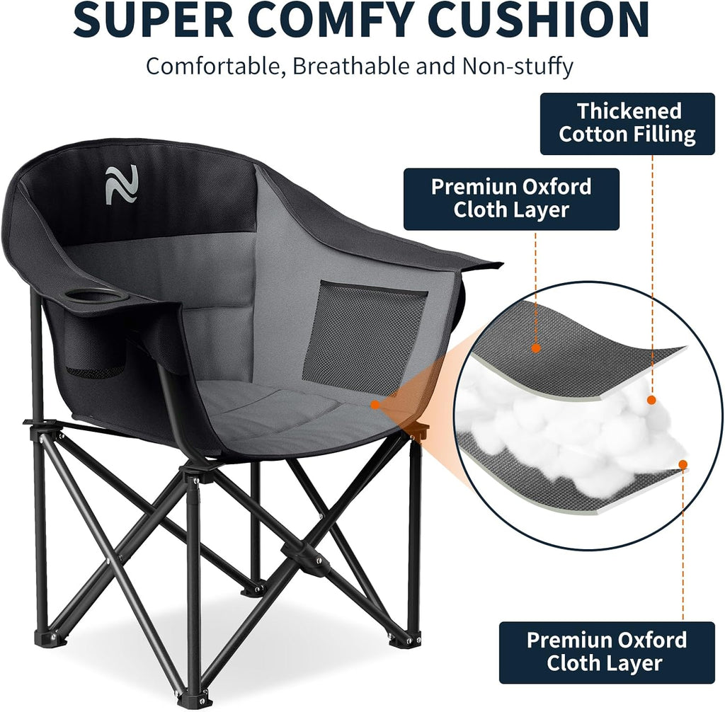 NAIZEA Padded Camping Chair, Outdoor Folding Chair, Portable Heavy Duty Arm Chairs with Side Pockets, Cup Holder for Beach, Lawn, Picnic, Fishing, Backpacking