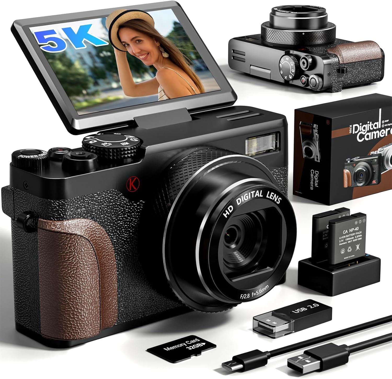 5K 64MP Digital Camera for Photography & YouTube Vlogging - 18X Zoom UHD Autofocus Video Camera with 3" 180° Flip Screen, 64GB TF Card & 2 Batteries - Compact Travel