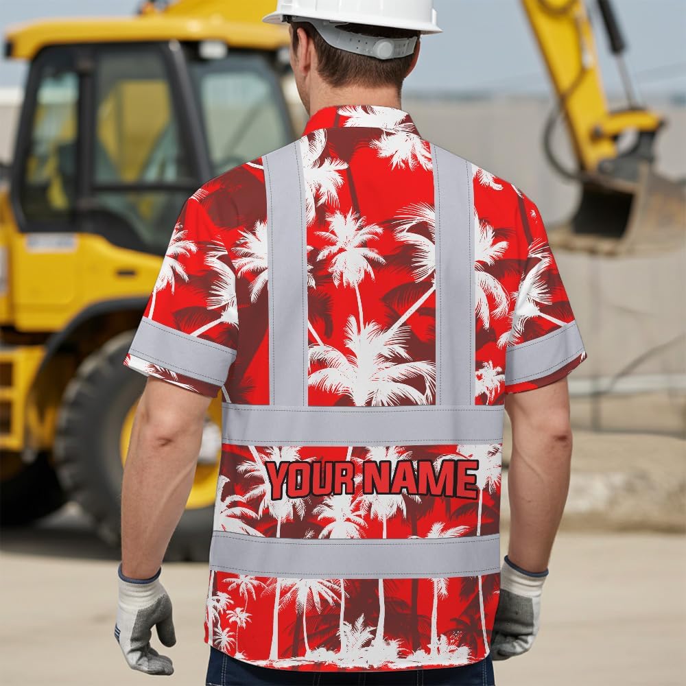 High Visibility Hawaiian Shirt for Men Tropical Shirts Custom Name Floral Outfit Reflective Safety Workwear