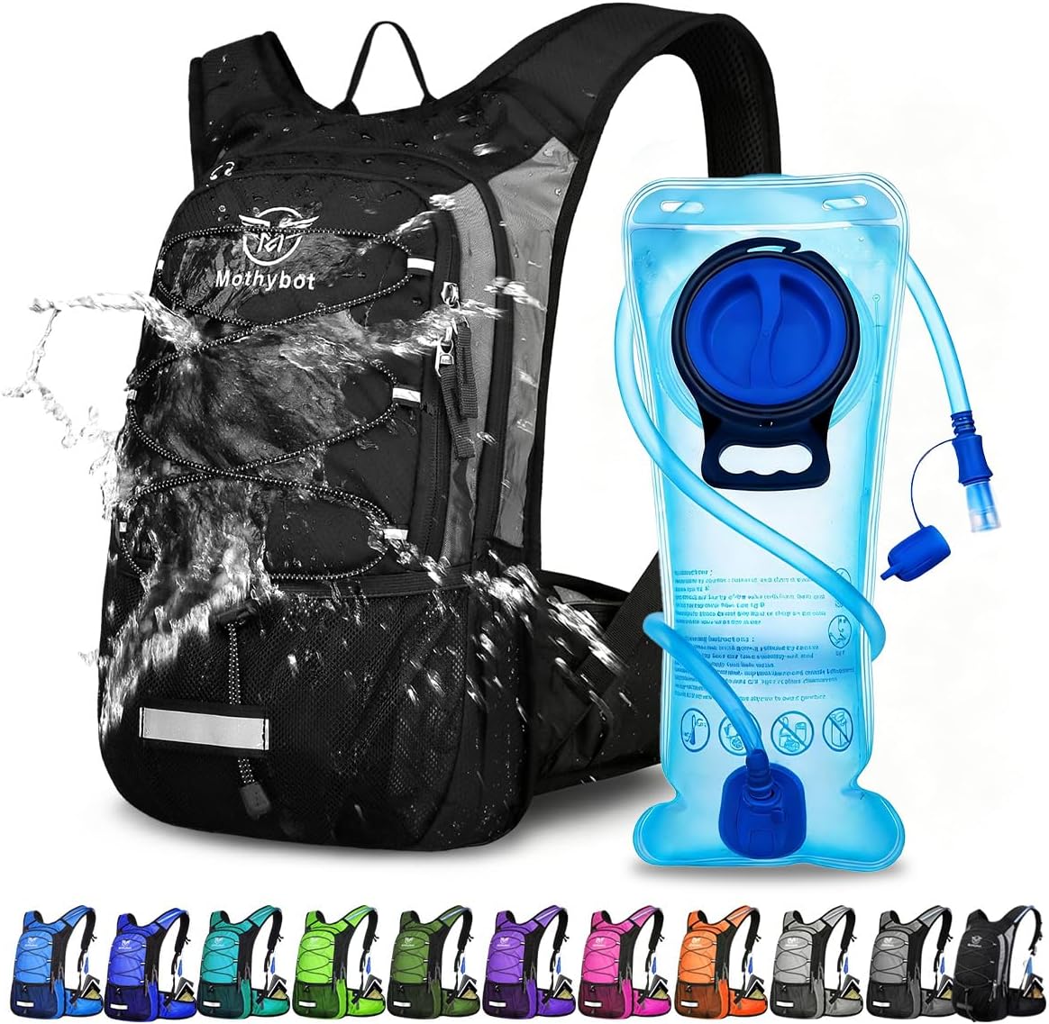 Mothybot Hydration Pack, Insulated Hydration Backpack with 2L BPA Free Water Bladder and Storage, Hiking Backpack for Men, Women, Kids for Running, Cycling, Camping - Keep Liquid Cool up to 5 Hours