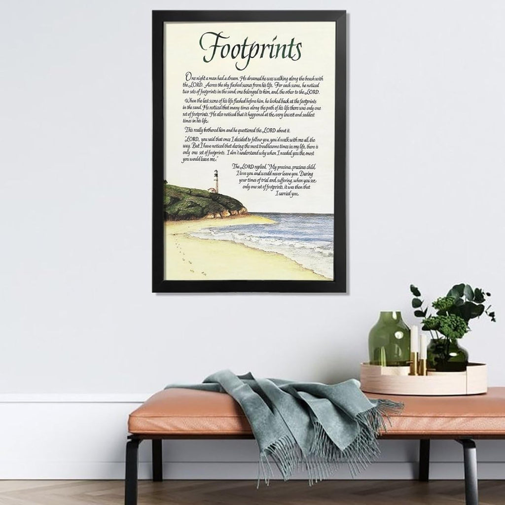 Footprints in the Sand Religious Canvas Wall Art Posters, Inspirational Beach Sunset Poem Print Poster (Black Framed 12x18inch, Footprints(5))