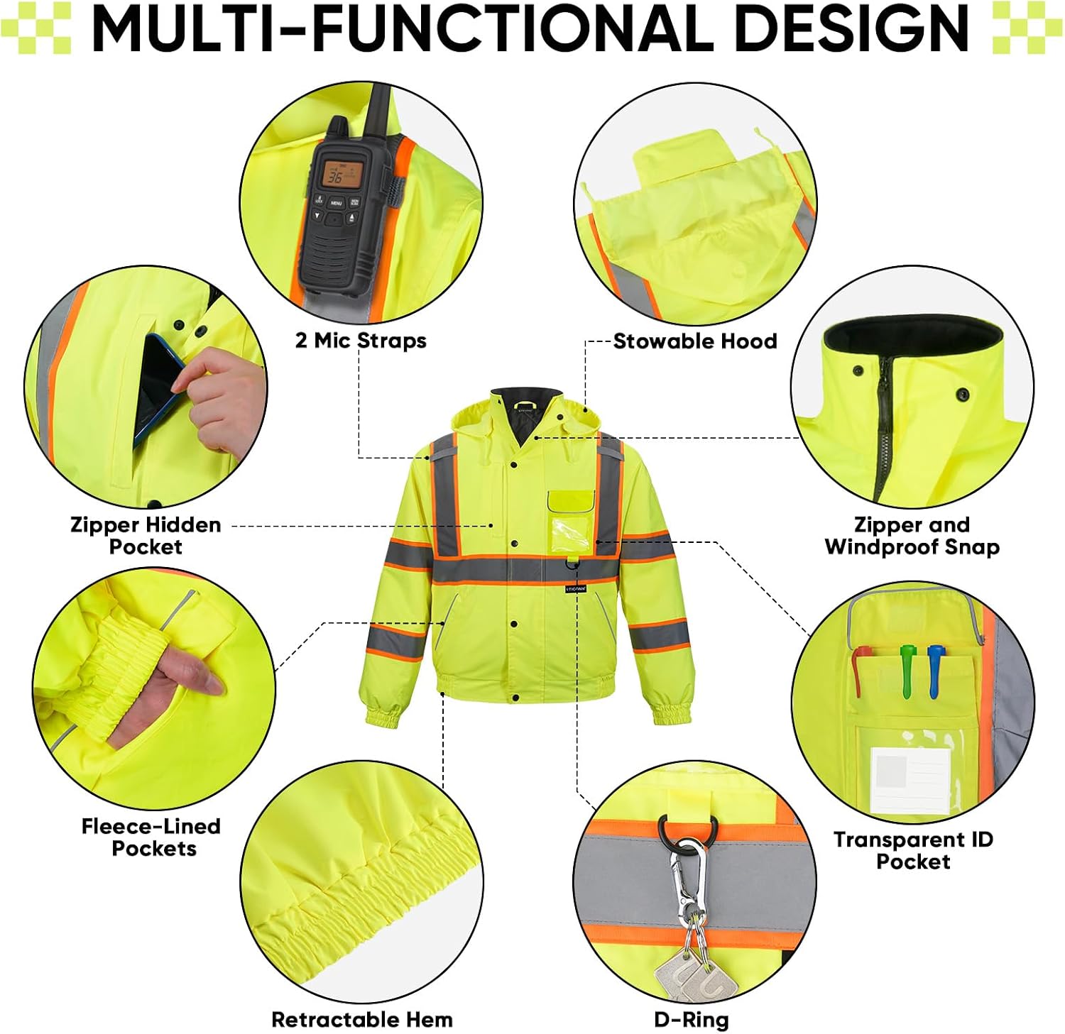 TICONN Hi Vis Safety Bomber Jacket, Fleece-Lined Waterproof ANSI Class 3