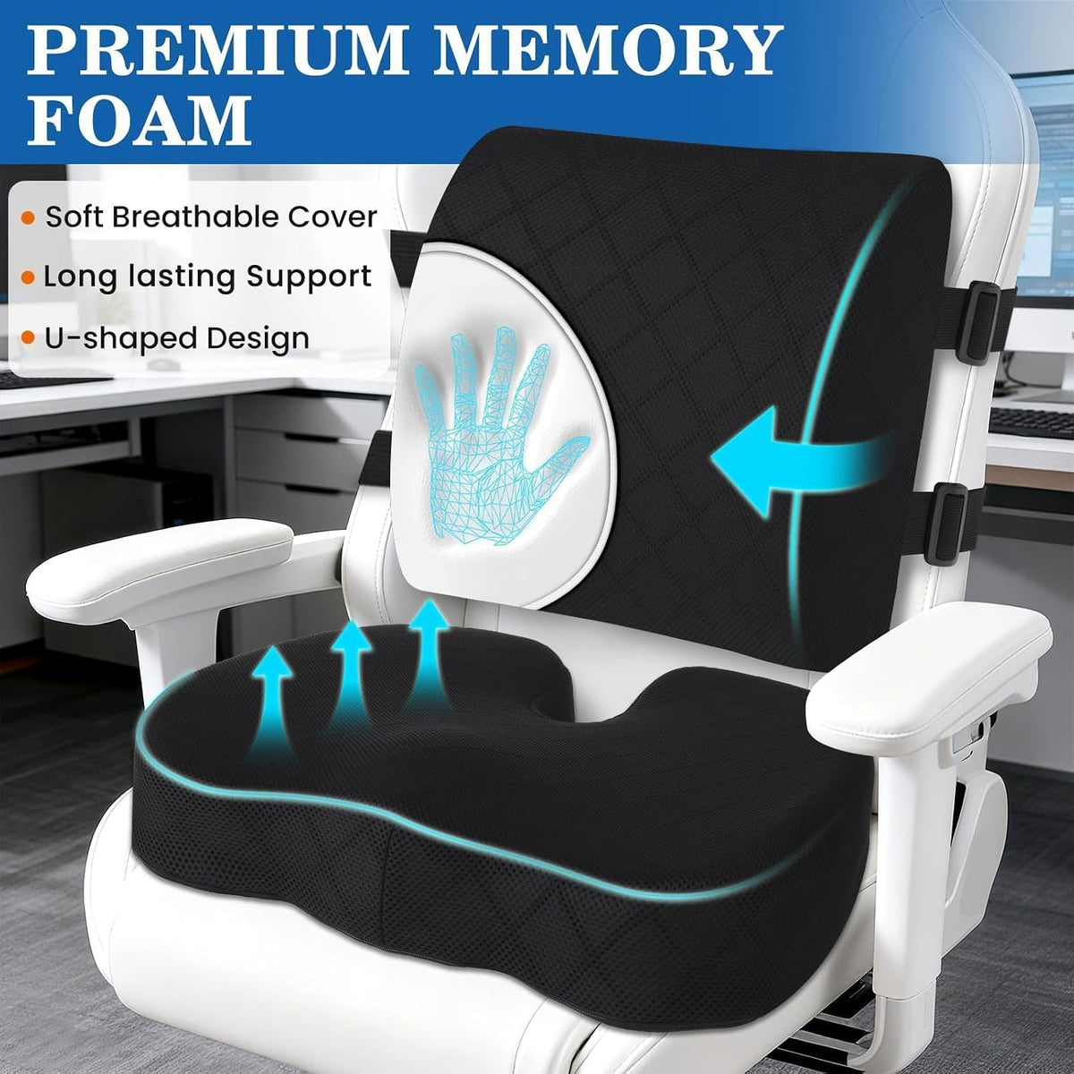 Back&Seat Cushion,Chair Cushions,Lumbar Back Support Pillow,Black/X-Large