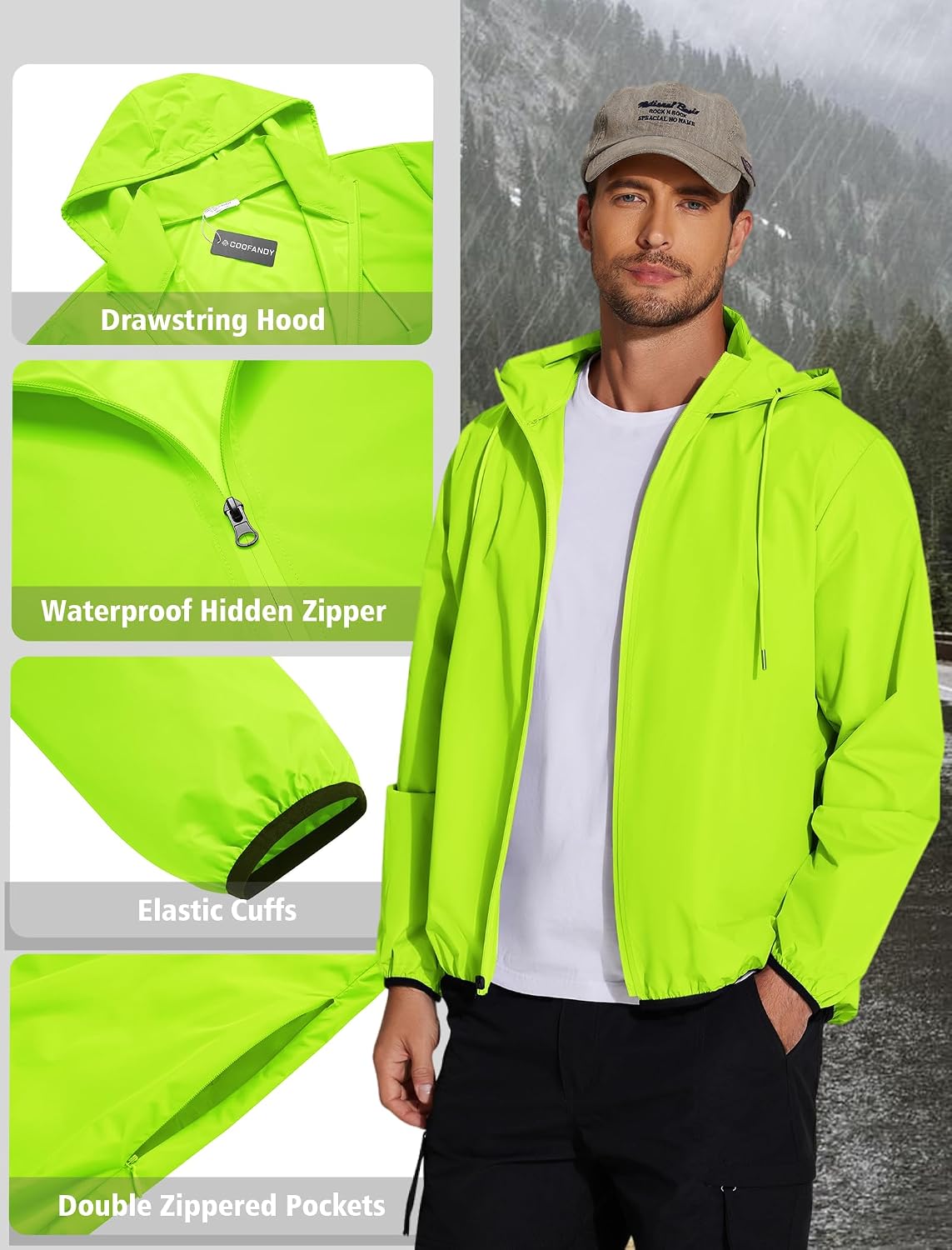 COOFANDY Men's Light Rain Jacket Packable Waterproof Raincoat Windbreaker