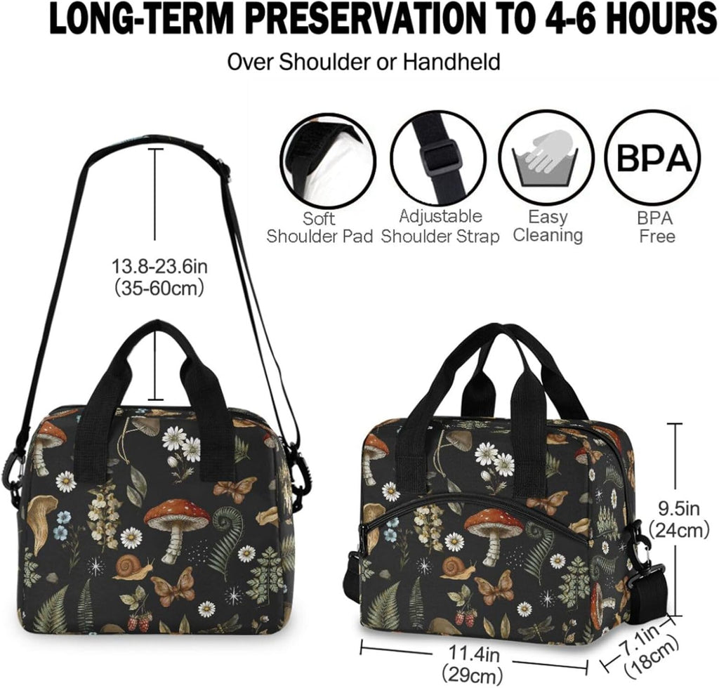 Mushrooms Insulated Lunch Bag, Vintage Flower Butterfly Dragonfly Reusable Cooler Lunch Tote Box with Shoulder Strap for Work Picnic School Beach