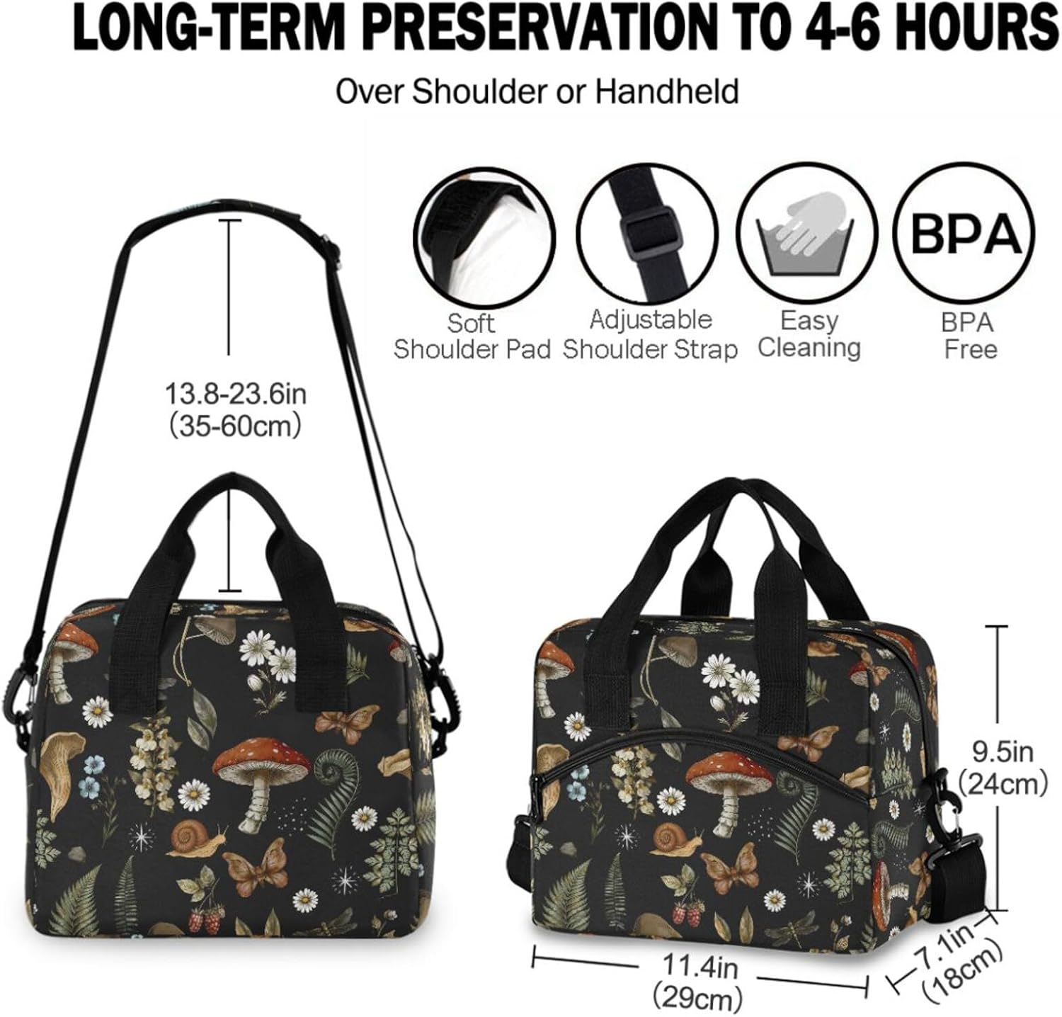 Mushrooms Insulated Lunch Bag, Vintage Flower Butterfly Dragonfly Reusable Cooler Lunch Tote Box with Shoulder Strap for Work Picnic School Beach