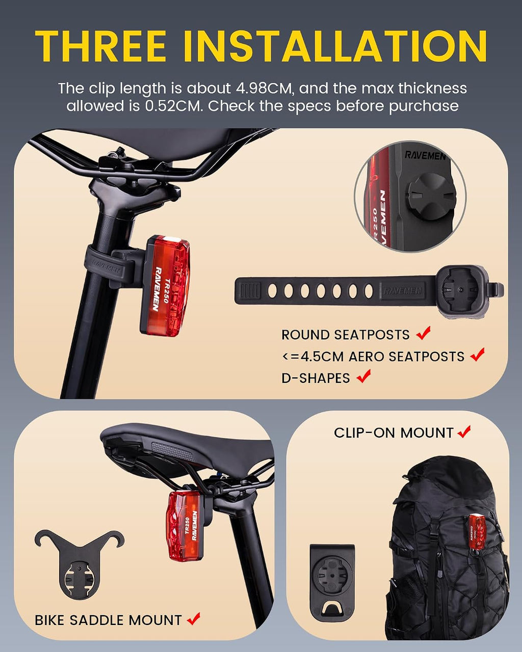 RAVEMEN TR150/TR250 Bike Tail Light, 280° Visible Bike Rear Light