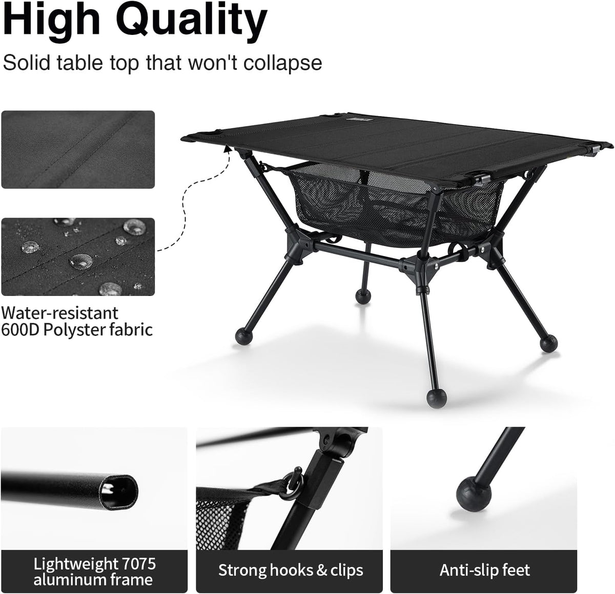 ONETIGRIS Dipper Camping Table, Lightweight Portable Folding Table with Mesh Storage Net, High/Low Options, Ideal for Camping, Hiking, Tailgating, Beach, Picnic, Travel, Backyard