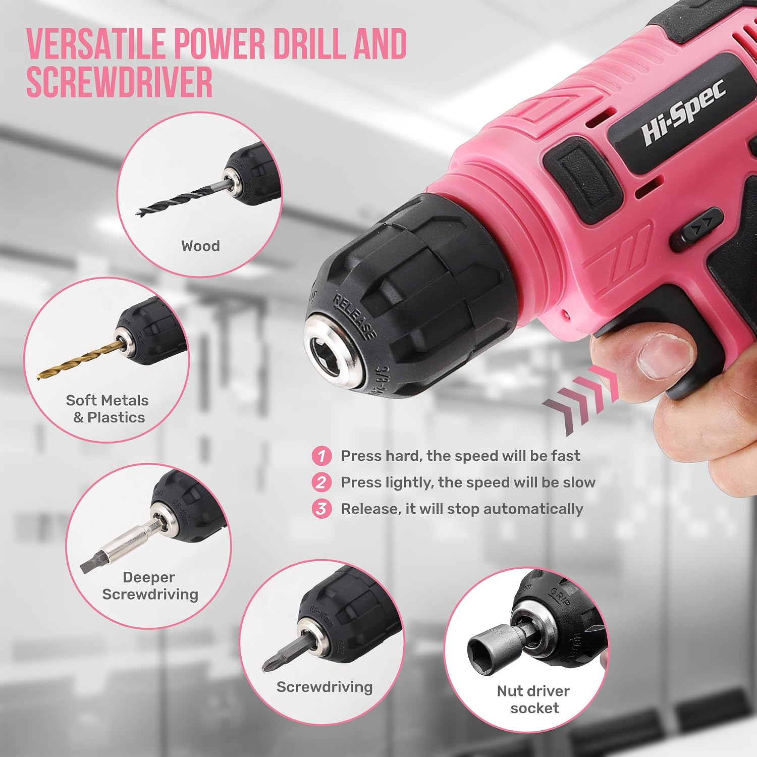 Hi-Spec Tool Set with 8V Drill Set Home DIY Repair & Maintenance, Pink