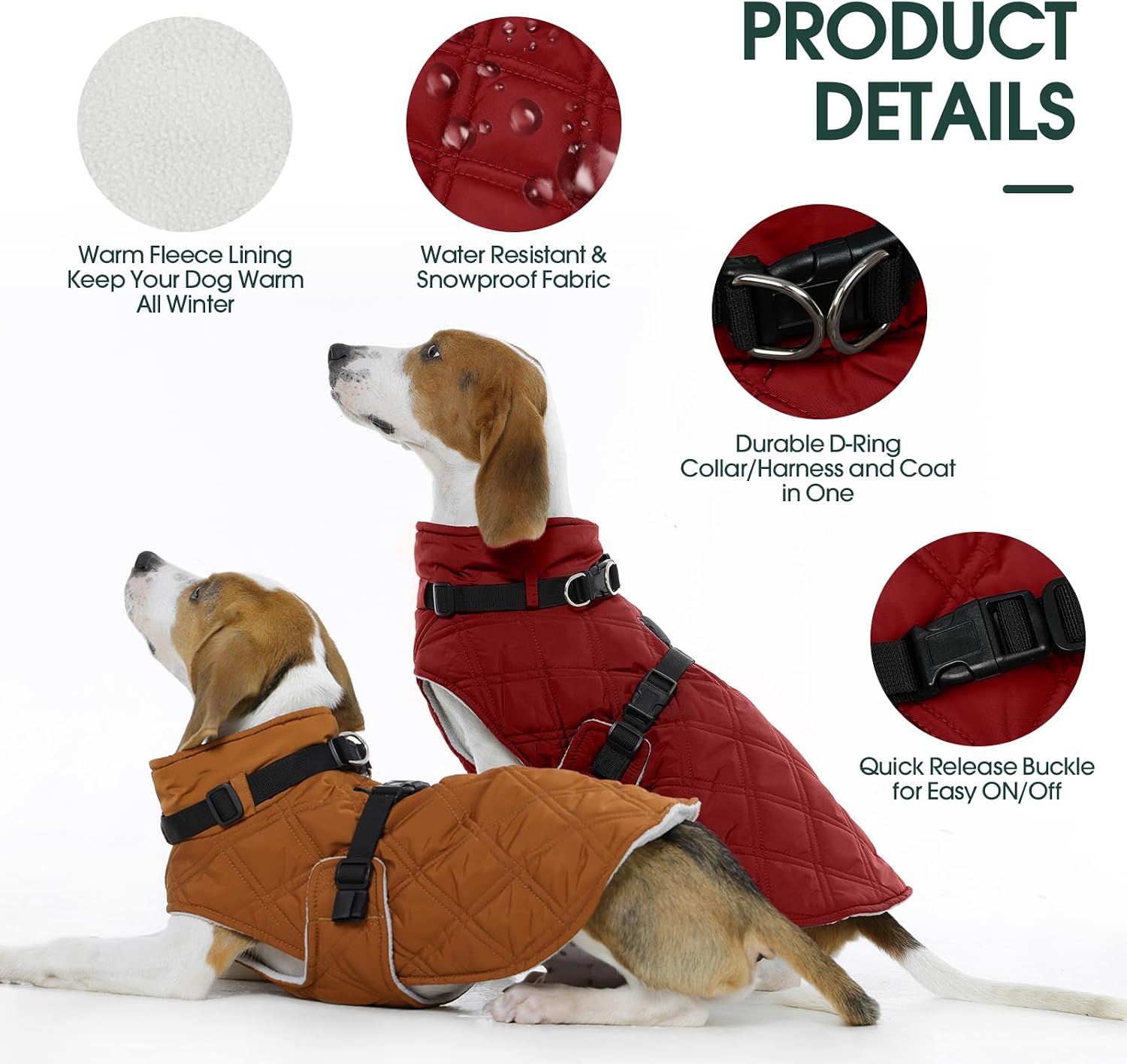 Kuoser Dog Coat Warm Fleece Lining Turtleneck Dog Jacket with Harness Built-in, Adjustable Windproof Cold Weather Coats with Quick Release Buckle Pet Winter Snowsuit for Medium Large Dogs, Red L