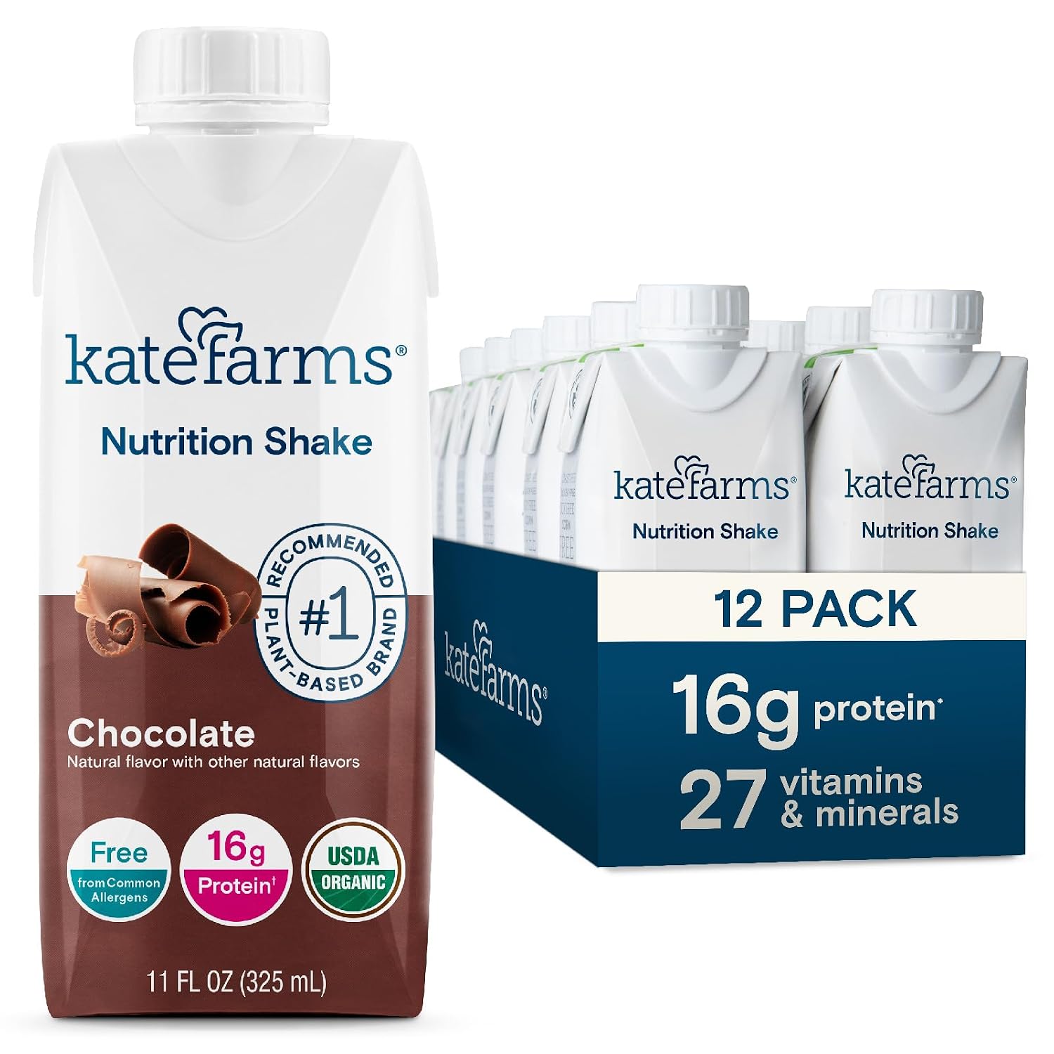 KATE FARMS Organic Nutrition Shake, Chocolate, 16g Protein, 12 Pack