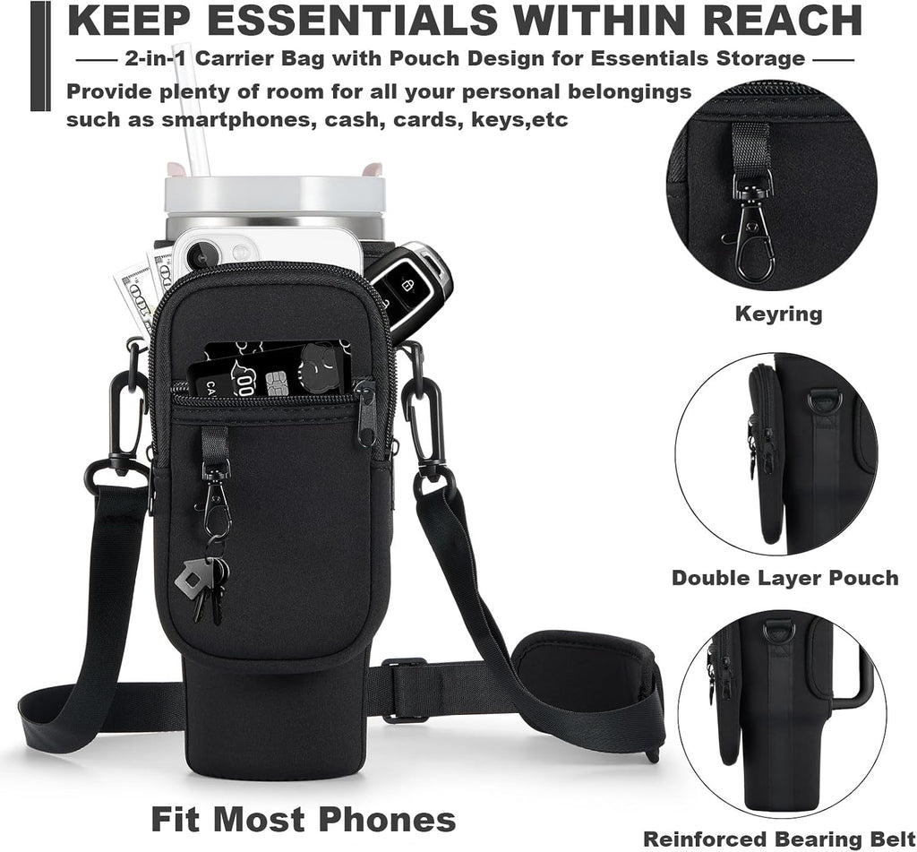 BULKITEM Water Bottle Carrier Bag with Phone Pocket for Stanley 40 & 30 oz Tumbler with Handle,Pink Insulated Neoprene Cup Holder Pouch w/Adjustable Strap for Quencher H2.0 Stanley Cup Accessories