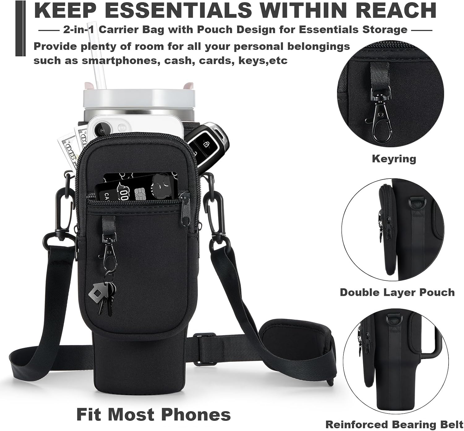 BULKITEM Water Bottle Carrier Bag with Phone Pocket for Stanley 40 & 30 oz Tumbler with Handle,Pink Insulated Neoprene Cup Holder Pouch w/Adjustable Strap for Quencher H2.0 Stanley Cup Accessories
