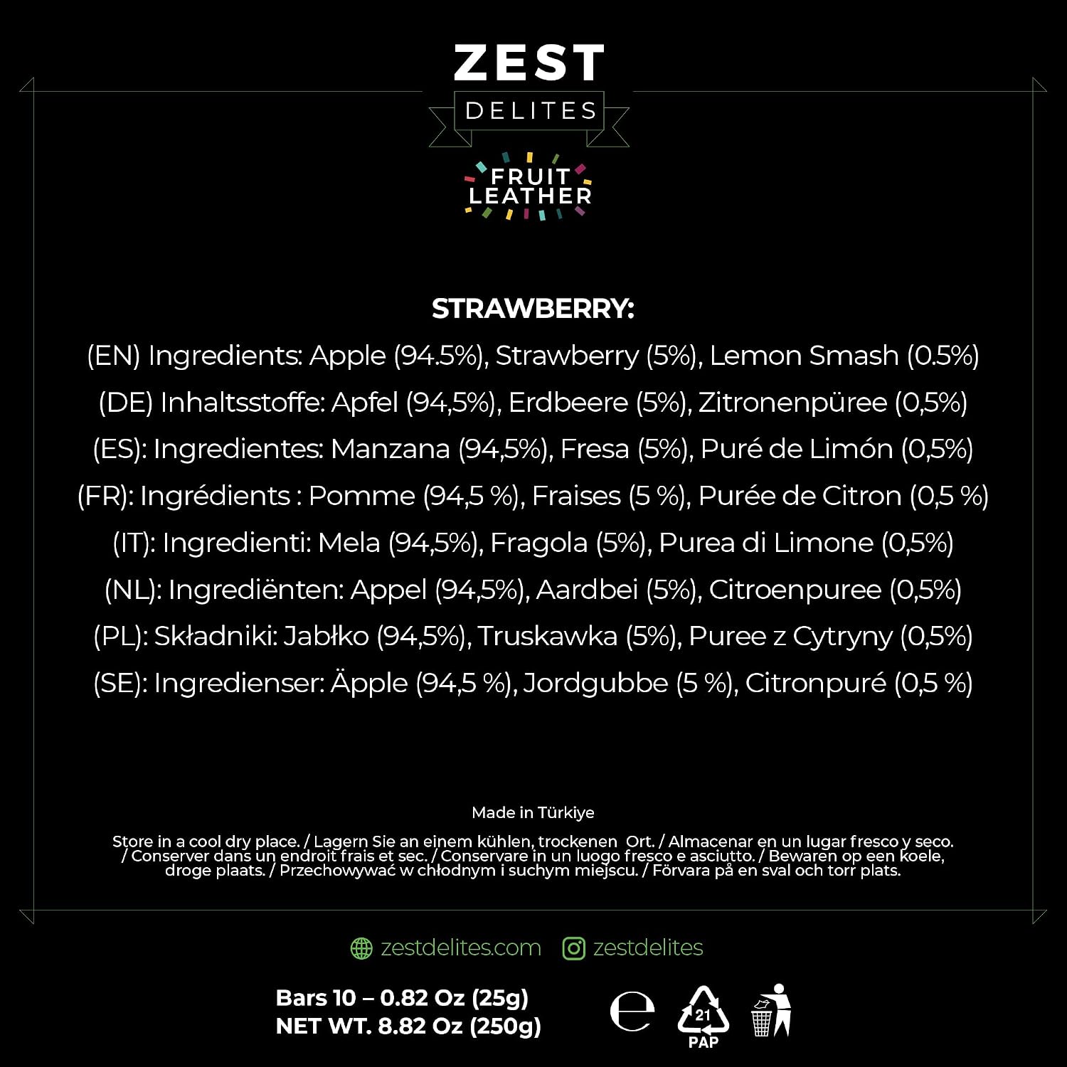 Fruit Leather by Zest Delites, Strawberry Healthy Fruit Snacks, 10 Pack Box