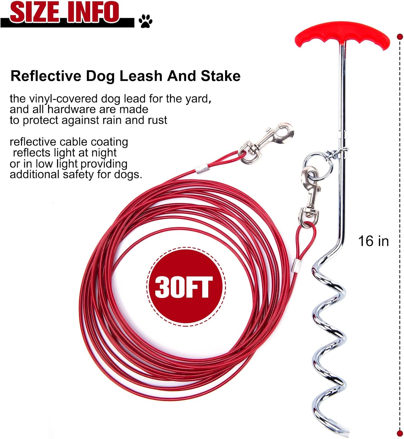 Dog Tie Out Cable and Stake 30 ft Outdoor, Yard and Camping, for Small to Medium Dogs Up to 60 lbs, 16" Stake, 30 ft Cable Runner for Yard