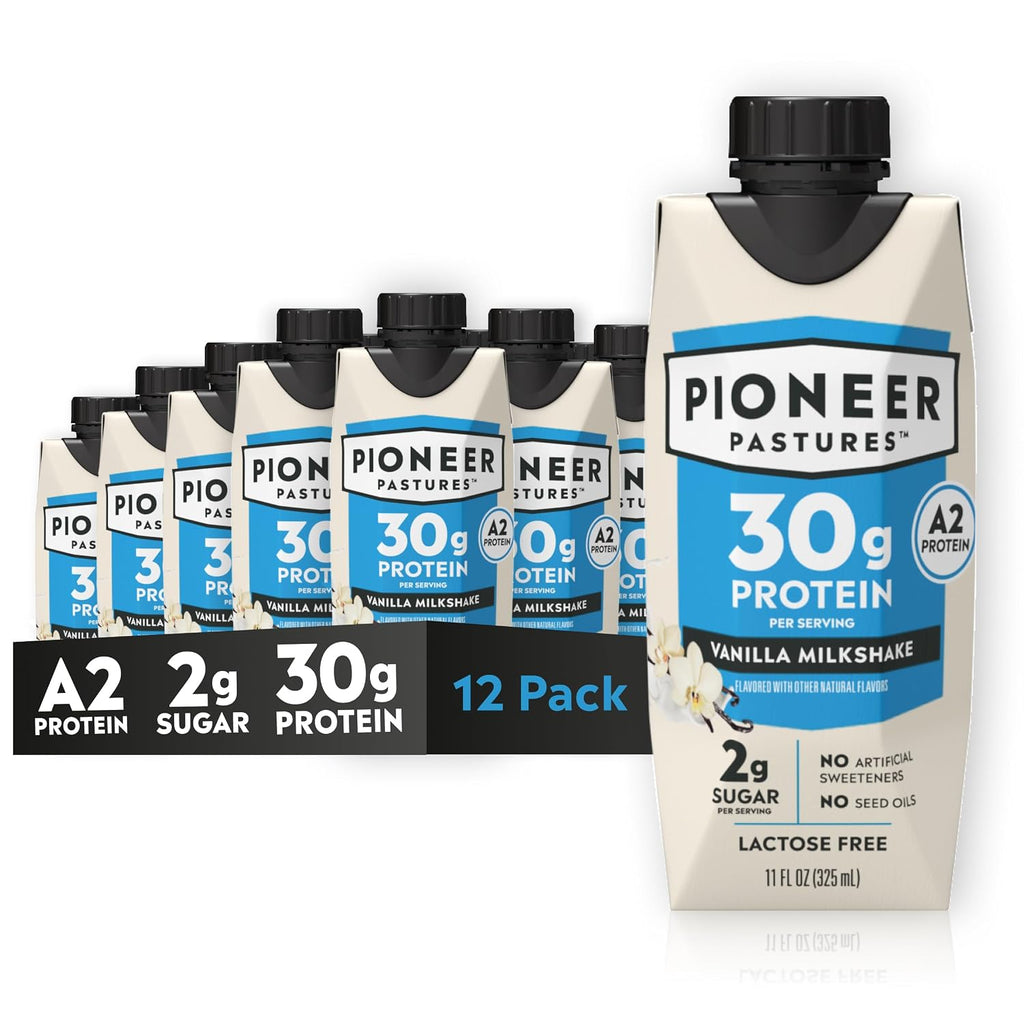 Pioneer Pastures High Protein A2 Milkshakes, Vanilla, 11oz, 12 Pack