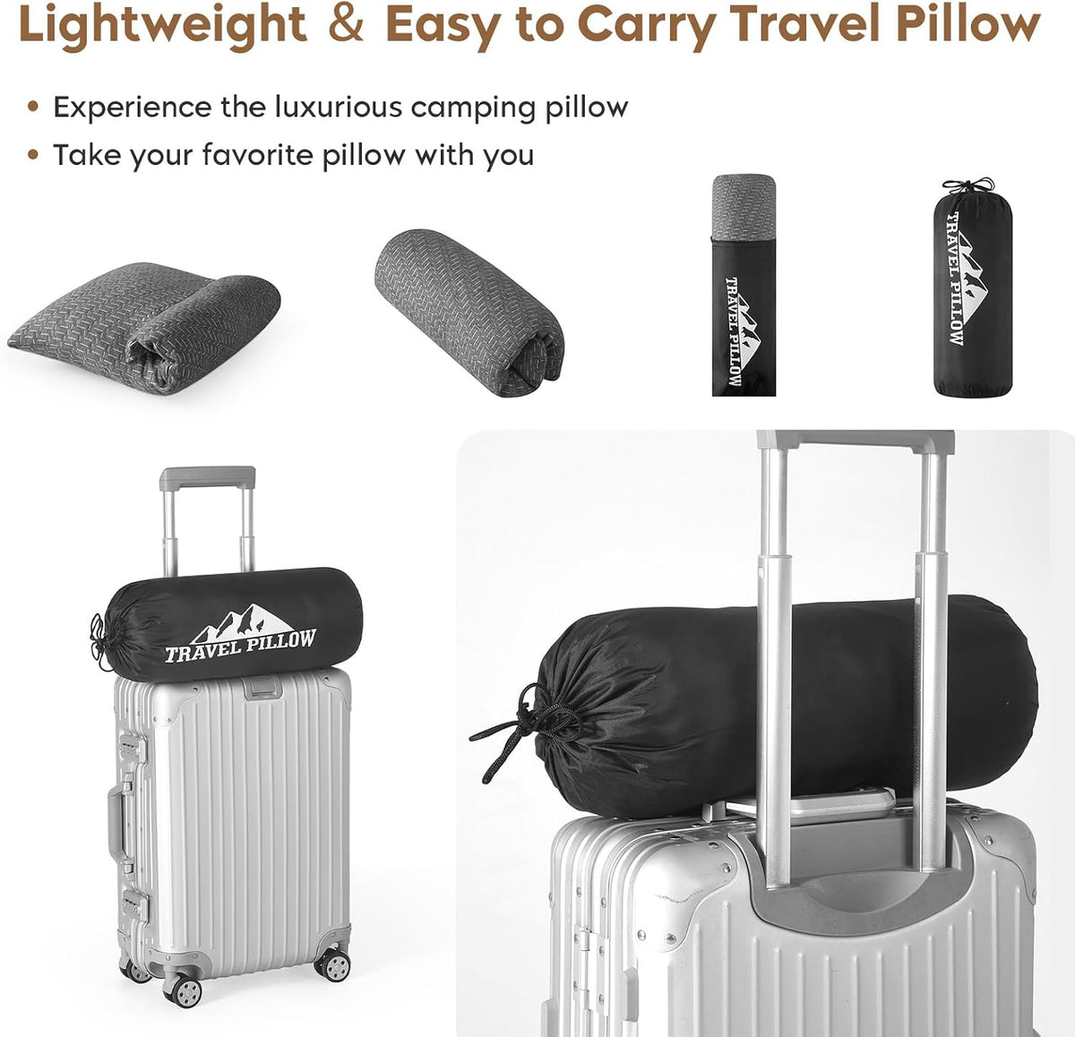 Travel Pillow Compressible Camping Memory Foam Pillow - Avocado Green M Size, Dark Grey M Size, Ideal Backpacking, Airplane and Car