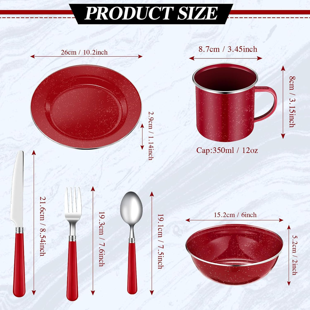 Nuogo 24 Pcs Camping Dinnerware Enamel Mugs Plates Bowls Utensils, Red