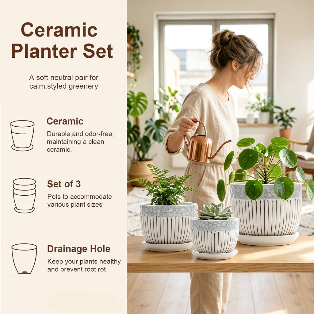 Gray Flower Pots, Texture Ceramic Plant Pots for Indoor Plants Set of 3