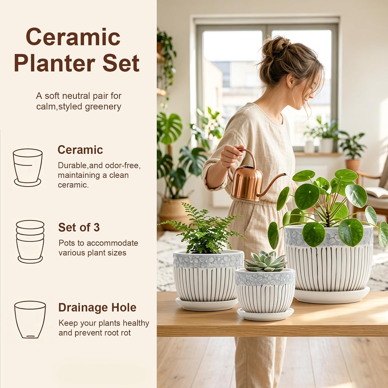 Gray Flower Pots, Texture Ceramic Plant Pots for Indoor Plants Set of 3