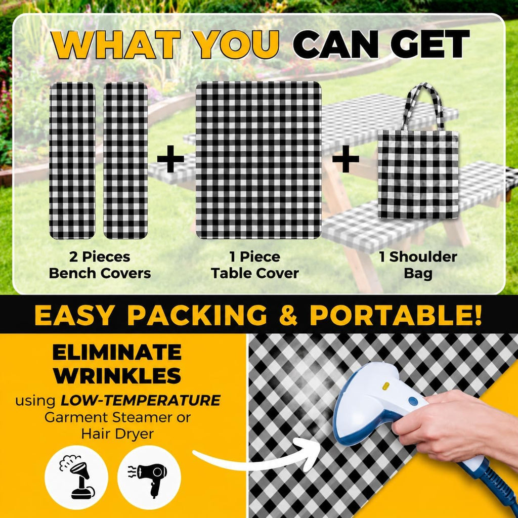 Vinyl Fitted Picnic Table Cover with Bench Covers & Bag 6ft Black Checkered | Rnoony Outdoor Waterproof, Windproof Tablecloth with Elastic Edges. Camping RV Gear Campers Must Have 72x30 Inches