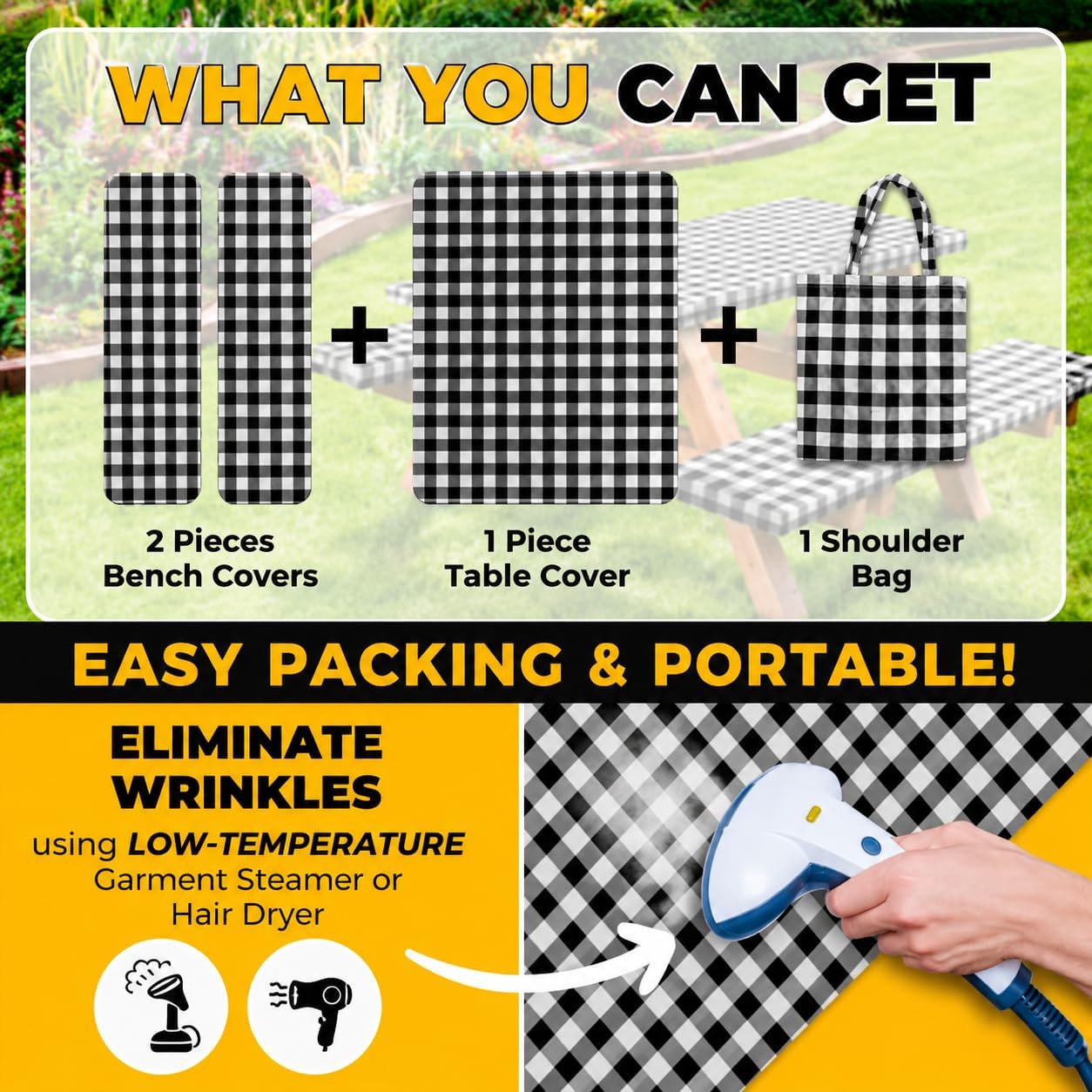 Vinyl Fitted Picnic Table Cover with Bench Covers & Bag 6ft Black Checkered | Rnoony Outdoor Waterproof, Windproof Tablecloth with Elastic Edges. Camping RV Gear Campers Must Have 72x30 Inches