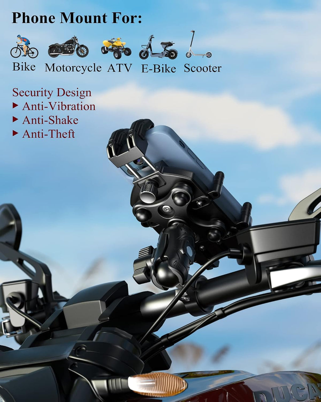 BRCOVAN Anti-Theft Motorcycle Phone Mount Holder with Vibration Dampener