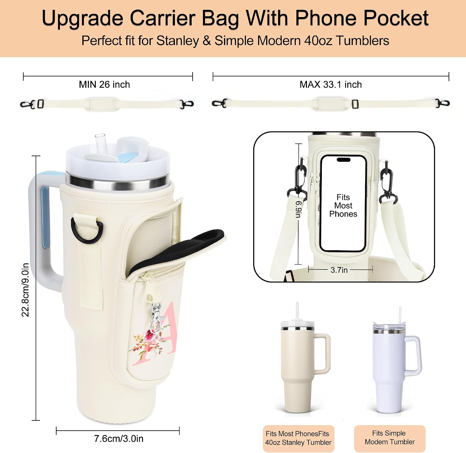 Initial Water Bottle Holder with Strap for Stanley Cup Accessories 40 oz/Simple Modern Tumbler, Birthdays for Women Girls, Water Bottle Carrier Bag with Phone Pocket,Hiking Walking Gym Camping