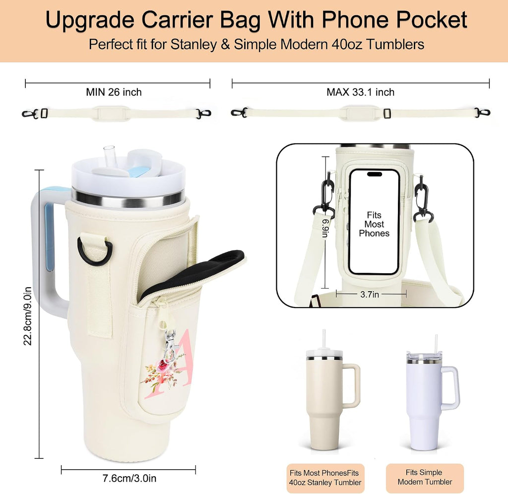 Initial Water Bottle Holder with Strap for Stanley Cup Accessories 40 oz/Simple Modern Tumbler, Birthdays for Women Girls, Water Bottle Carrier Bag with Phone Pocket,Hiking Walking Gym Camping