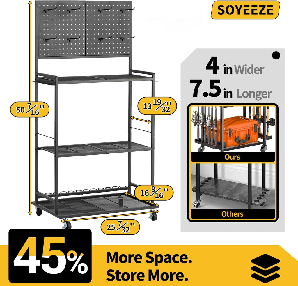 SOYEEZE Fishing Rod Holders for Garage, Fishing Pole Holder Up to 12 Rods with Pegboard and Hooks,Rolling Fishing Cart with Wheels, Fishing Gear Storage For Tackle Box & Reel Organization-4 Side Fence