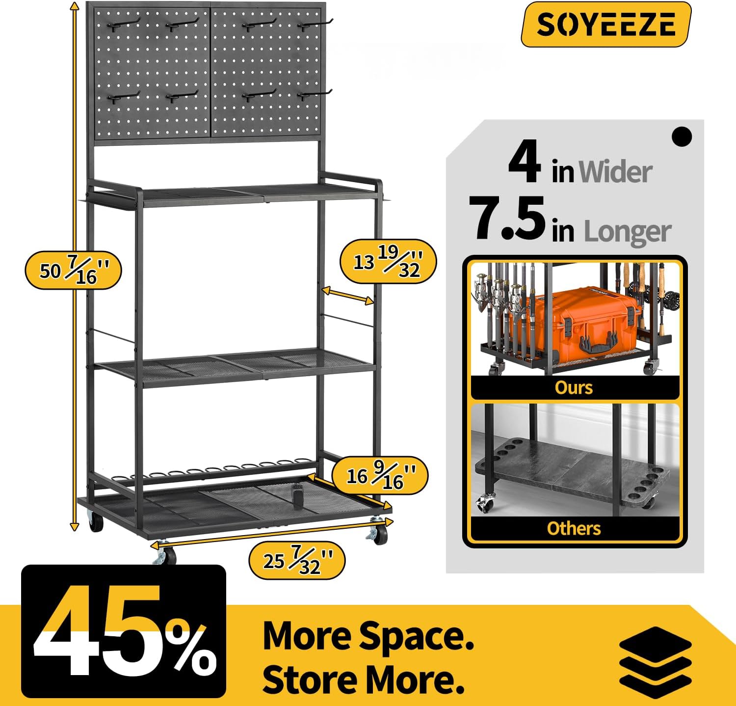 SOYEEZE Fishing Rod Holders for Garage, Fishing Pole Holder Up to 12 Rods with Pegboard and Hooks,Rolling Fishing Cart with Wheels, Fishing Gear Storage For Tackle Box & Reel Organization-4 Side Fence
