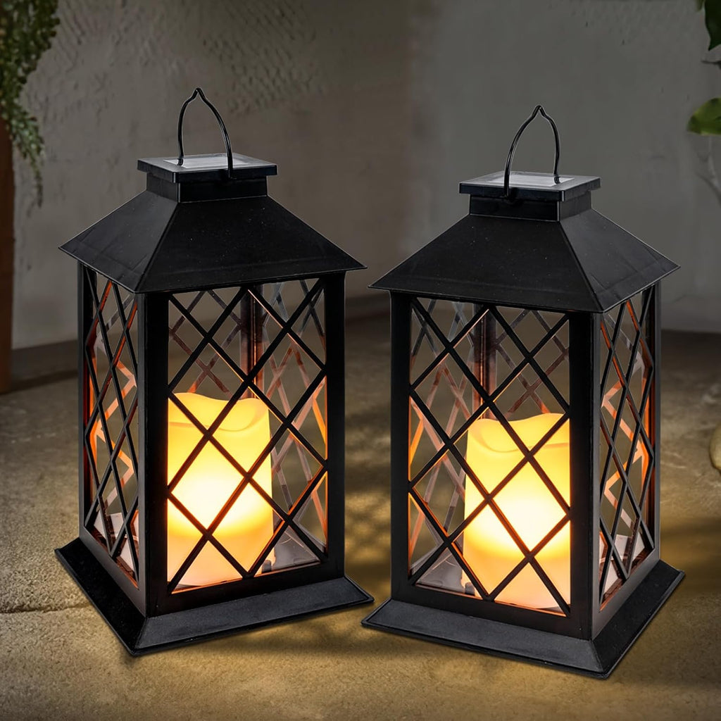 Homemory 2 Pack 13'' Black Solar Lanterns, Flickering Flame Hanging Lights